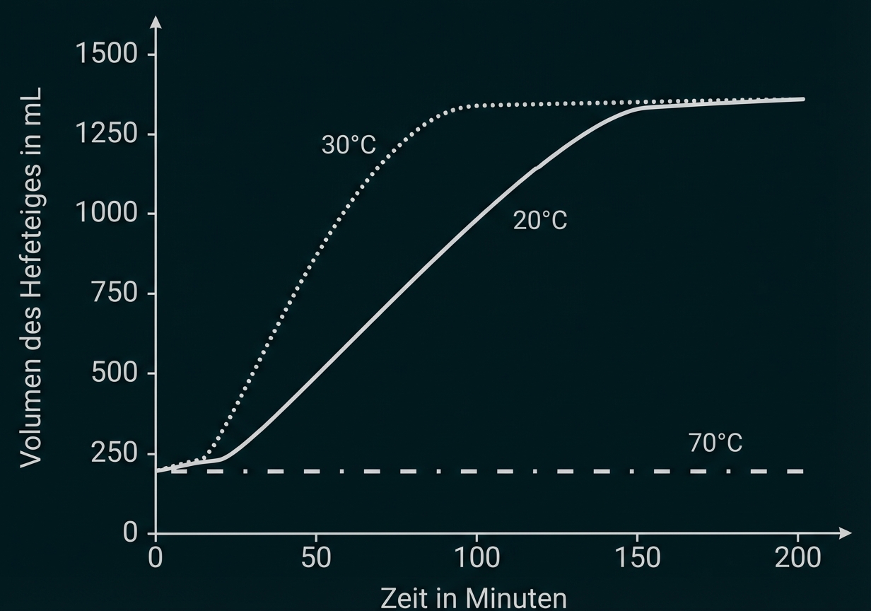 Diagramm: Volumen des Hefeteigs (mL) über Zeit (Min) bei 20°C, 30°C und 70°C — 30°C schnell steigend, 20°C langsamer, 70°C bleibt flach